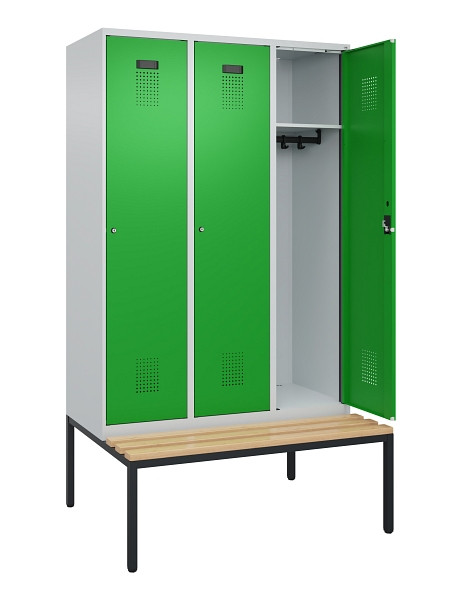 C+P Spind Evolo PLUS, 3 Abteile, 2120x1200x815mm, 7035/6037, Haken 4, Zylinderschloss, Sitzfläche Buche-Hartholz, Sitzbank, 0490507-32 S10038