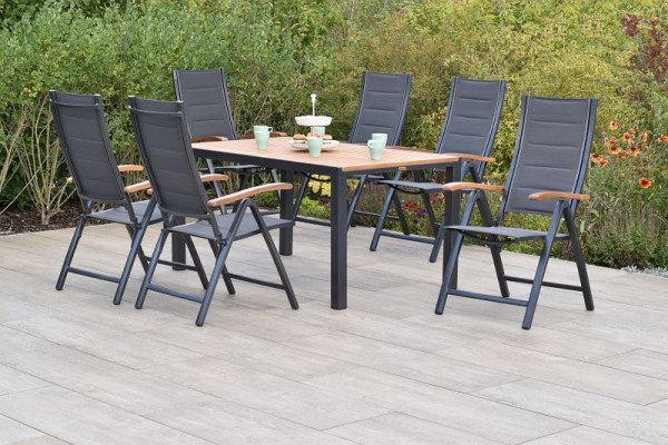 Merxx Paxos Set 7-teilig, 6 Klappsessel, gepolstert, graphit/grau, 1 Tisch 150 x 90 cm, Aluminium mit Textilbespannung und FSC Akazienholz, 50823-307