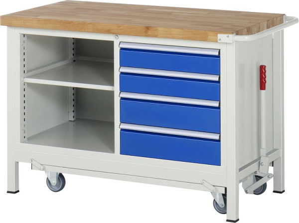 RAU Absenkbare Werkbank 8000- Modell 8463, B1250xT700xH880mm, Doppel-Unterbau-Container, li: Fachboden, re: 2xH120 2xH150mm, 05-8463A2-127B4F.11