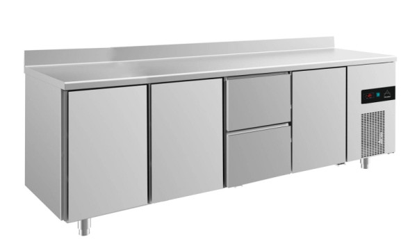 A&S Polarny Kühltisch -2 bis +8°C mit 3x Türen und 1x zwei Schubladen mittig-rechts, 2330 x 700 x 850 mm, mit Aufkantung, KT4TTZTA