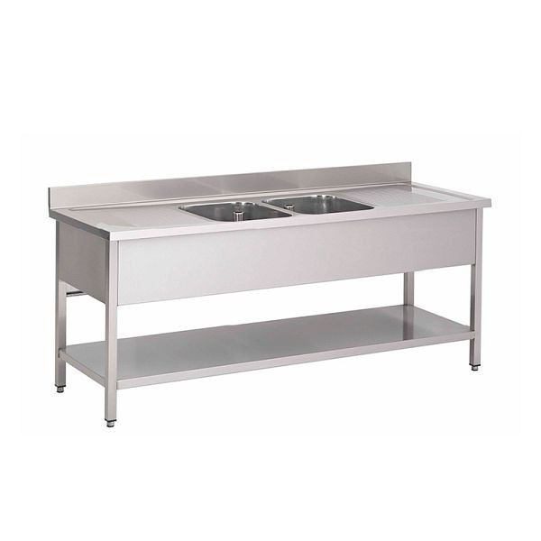 Gastro-Inox Spültisch mit mittig 2 Becken und Grundboden, 1200(L)x600(T)x880(H)mm, 305.411