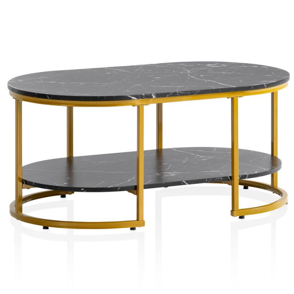 Wohnling Couchtisch 100x60x45cm Schwarz mit Marmor Optik, Wohnzimmertisch Rechteckig, Sofatisch mit Ablage, Kaffeetisch mit goldenem Metallgestell, WL6.896