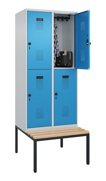 C+P Doppelstock-Spind Evolo PLUS, Bank, 4 Fächer, 2120x800x815mm, 7035/5012, Drehriegel, Sitzfläche Buche-Hartholz, Sitzbank, 0493507-22 S10007