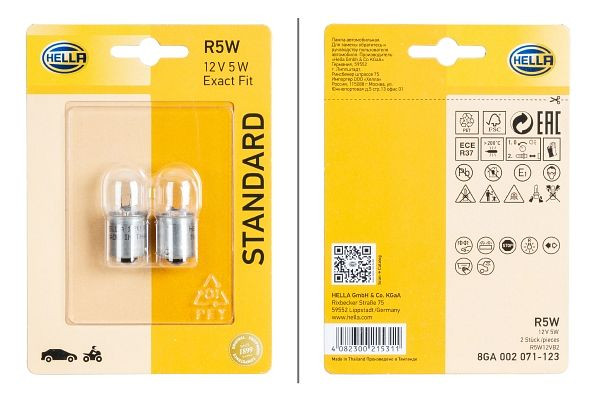 HELLA Halogen-Glühlampe, R5W, Standard, 12V, 5W, Sockelausführung Glühlampe: BA15s, Blister, VE: 2 Stück, 8GA 002 071-123