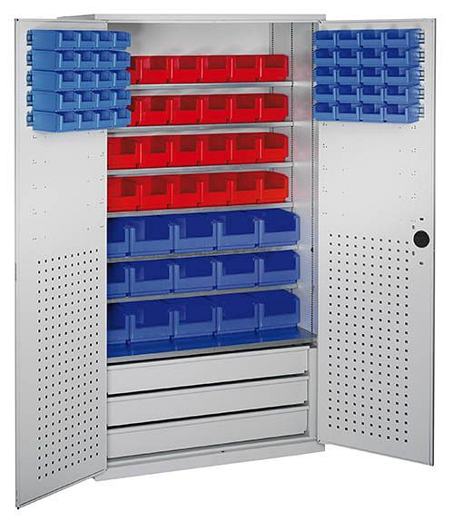 Bedrunka+Hirth Großraumschrank mit Sichtlagerkästen, 5x Schiene pro Tür, 9x Fachboden, 7x Fachboden, 1100 x 535 x 1950 mm, 04.130276.65