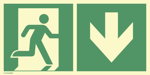 Moedel Notausgang rechts Pfeil unten, Kombi, ISO 7010, Folie, nachleuchtend, 160-mcd, 297x148 mm, 101288