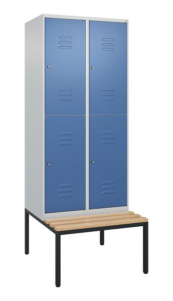 C+P Doppelstöckiger Spind Classic PLUS, 2 Abteile, 2120x800x815mm, 7035/5023, Zylinderschlösser, Buche-Sitzleisten, Sitzbank, 0803507-22 S10095