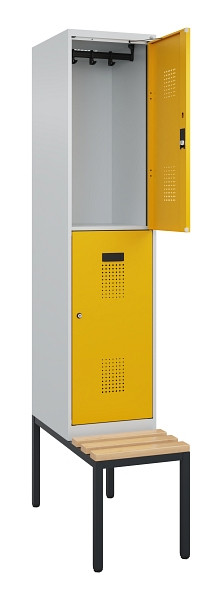 C+P Doppelstock-Spind Evolo PLUS, Bank, 2 Fächer, 2120x400x815mm, 7035/1004, Zylinderschloss, Sitzfläche Buche-Hartholz, Sitzbank, 0493507-12 S10027