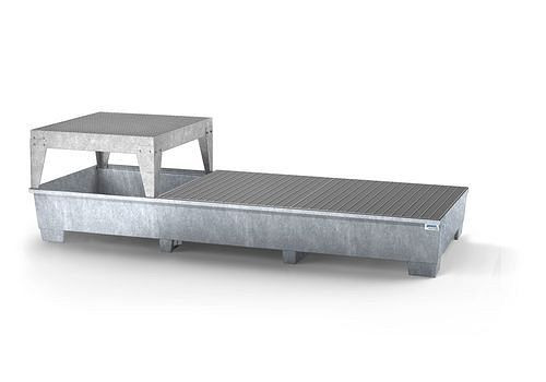 DENIOS Auffangwanne classic-line für 3 IBC, verzinkt, 1 Abfüllbock und 2 Gitterroste, 273876