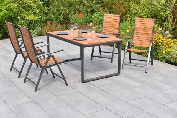 Merxx Santorin Set 5-teilig, 4 Klappsessel, Rückenlehne 5-fach verstellbar, 1 Ausziehtisch 150 (200) x 90 cm, Aluminium mit FSC Akazienholz, 51071-209