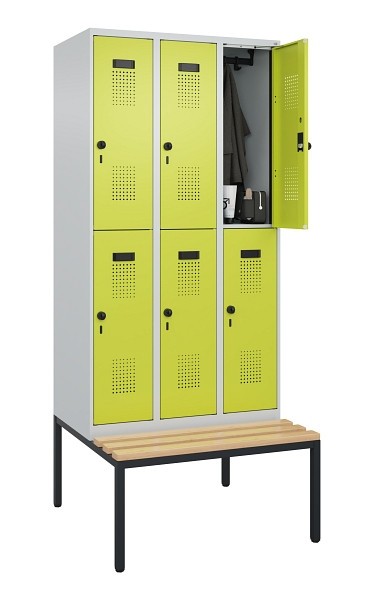 C+P Doppelstock-Spind Evolo PLUS, Bank, 6 Fächer, 2120x900x815mm, 7035/0024, Drehriegel, Sitzfläche Buche-Hartholz, Sitzbank, 0493507-30 S10015