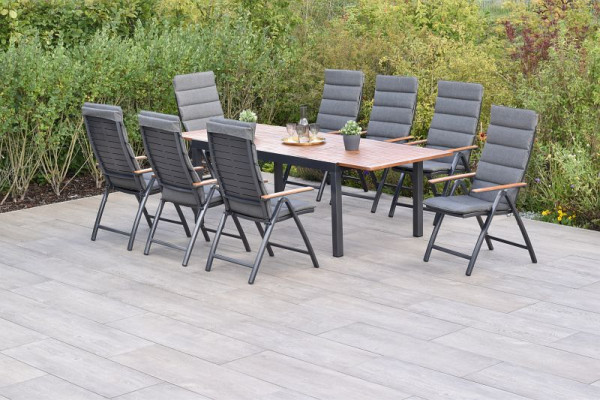 Merxx Tinos Set 17-teilig, 8 Tinos Klappsessel, 8 Kissen, grau, mit Befestigungsbändchen, 1 Ausziehtisch 180 (250) x 100 cm, 50807-800