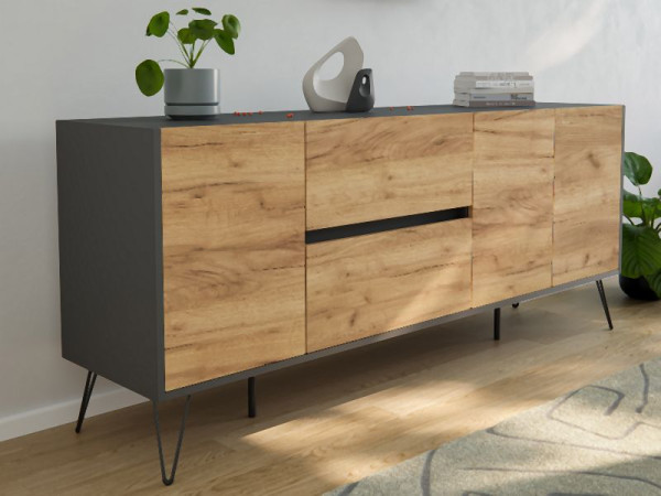 Posseik Sideboard Industrial I 180cm 2 Schubladen 3 Türen Grafit/Eiche Front, PN2086X0000019DE