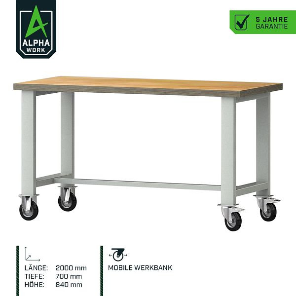 Alpha Work Mobile Werkbank Basic, 2000 x 840 x 700mm, Buchen-Multiplexplatte, Lichtgrau, 2 Lenkrollen, 2 Bockrollen, 07274