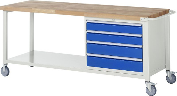 RAU Fahrbare Werkbank 8000 - Modell 8262, B2000 x T700 x H880-1080 mm, Unterbau-Container rechts, 4x Schubladen: 2xH120, 2xH150 mm, 05-8262A6-207B4H.11