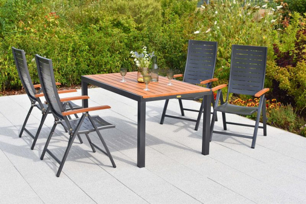 Merxx Tinos Set 5-teilig, 4 Tinos Klappsessel,Rückenlehne 5-fach verstellbar, folierte Armlehnen, Holzoptik, 1 Ausziehtisch foliert, Aluminium, 50281-217