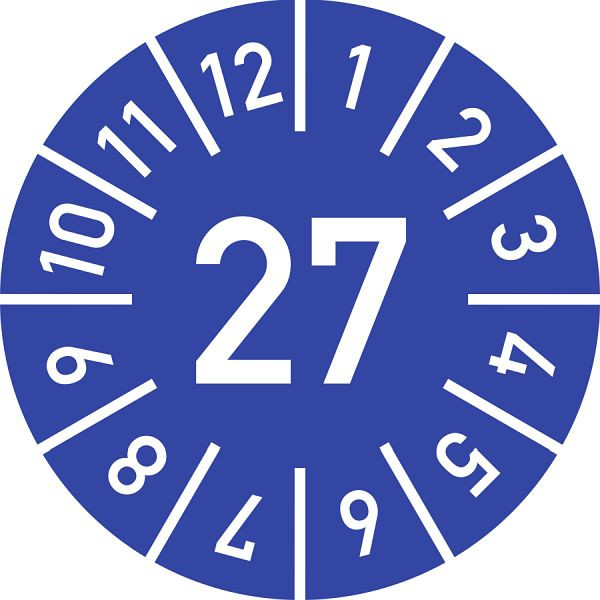 Moedel Prüfplakette Jahr 27 mit Monaten, blau, Folie, Ø 10 mm, VE: 10 Stück/Bogen, 106047