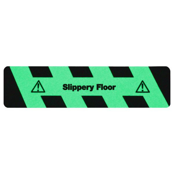 m2 Antirutschbelag nachleuchtend schwarz/grün mit Text "Slippery Floor" Streifen 150x610mm, M1X1E150610