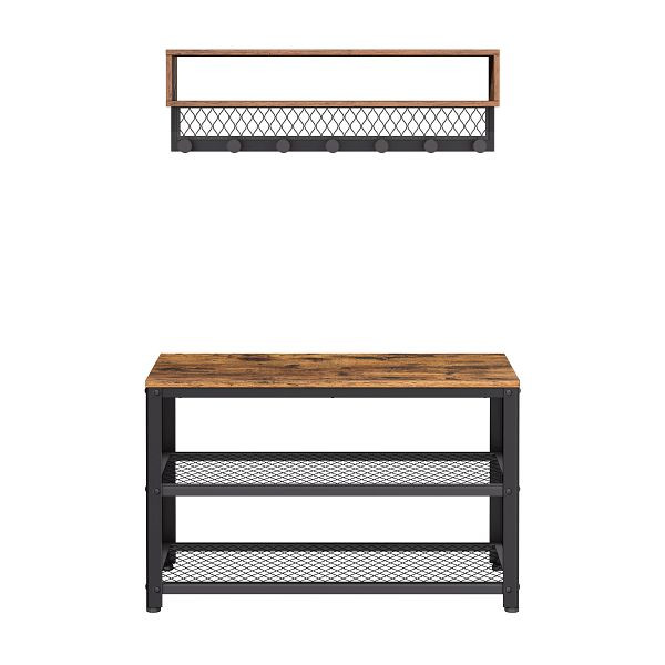VASAGLE Garderoben-Schuhbank-Set, mit Bank, Punkt-Kleiderhaken, zweistufiger Schuhständer, Industriestil, für Eingangsbereich, rustikale Braune, LCR073K01