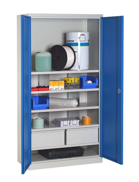 SOFAME ausgestatteter Werkstattschrank B 1000 x T 500 x H 1950 mm, mit 2 Schubladen (B445XH210) + 5 Fachböden, Lichtgrau RAL 7035, W030090032GCGC