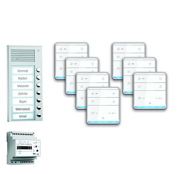 TCS Türkontrollsystem audio:pack AP für 7 Wohneinheiten, mit Außenstation PAK 7 Klingeltasten, 7x Freisprecher ISW5010, Steuergerät BVS20, PPAF07-EN/01