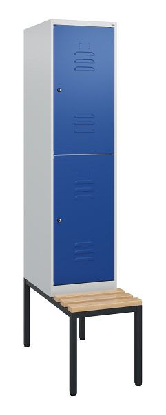 C+P Doppelstöckiger Spind Classic PLUS, 1950x400x815mm, 7035/5010, Zylinderschlösser, Sitzleisten aus Buche, mit untergebauter Sitzbank, 0803505-12 S10033