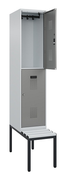 C+P Doppelstock-Spind Evolo PLUS, Bank, 2 Fächer, 2120x400x815mm, 7035/0004, Zylinderschloss, Sitzfläche Kunststoff, Sitzbank, 0493507-12 S10122