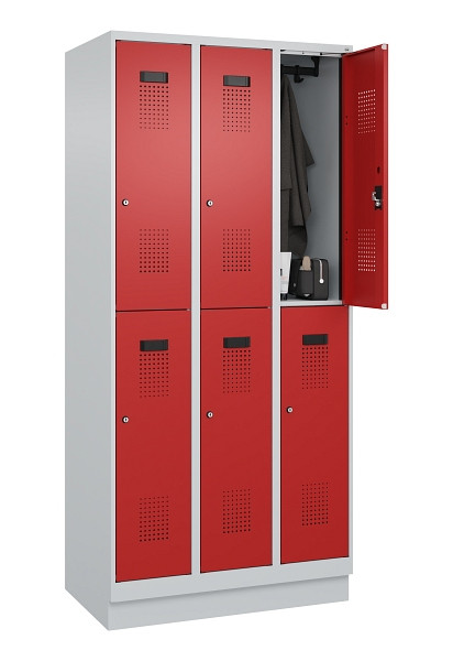 C+P Doppelstöckiger Spind Evolo PLUS, mit Sockel, 6 Fächer, 1950x900x500mm, 7035, Frontfarbe RAL 3000 feuerrot, Zylinderschloss, 049320-30 S10030