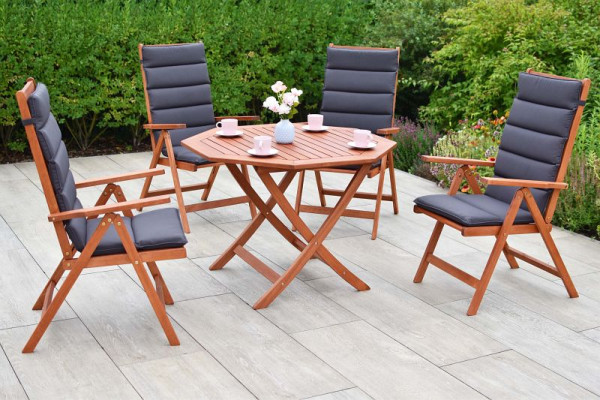 Merxx Vitoria Set 9-teilig, 4 Vitoria Klappsessel, 4 Auflagen grau, mehrfach abgesteppt, 1 Tisch, achteckig Ø 110 cm, FSC Eukalyptusholz, 50070-800