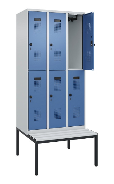 C+P Doppelstock-Spind Evolo PLUS, Bank, 6 Fächer, 2120x900x815mm, 7035/5023, Drehriegel, Sitzfläche Kunststoff, Sitzbank, 0493507-30 S10089
