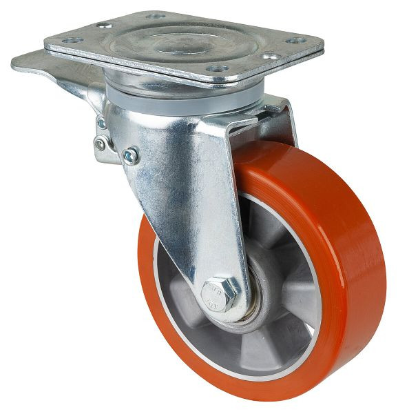 BS Rollen Schwerlastrolle mit Feststeller, Breite 50 mm, Ø150 mm, bis 550 kg, Guss-Polyurethan 95 Shore A, Körper Aluminium, Kugellager, N120.B90.154