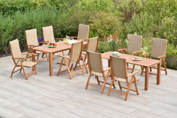 Merxx Capri Set 11-teilig, 10 Capri Klappsessel, 1 Flex Ausziehtisch 185/362,5 x 90/73,5 x 76/ 70 cm, Akazienholz, Natur, 50905-264