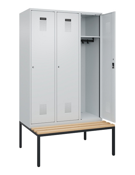 C+P Spind Evolo PLUS, 3 Abteile, 2120x1200x815mm, 7035/7035, Haken 4, Zylinderschloss, Sitzfläche Buche-Hartholz, Sitzbank, 0490507-32 S10040