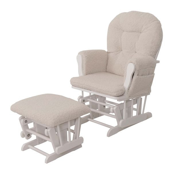Mendler Relaxsessel HWC-C76, Schaukelstuhl Sessel Schwingstuhl + Hocker Stoff Bouclé 480g/m² Öko-Tex, creme Gestell weiß, 109037