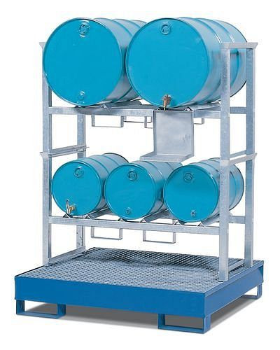 DENIOS Fassregal AWS 11 für 3 Fässer à 60 und 2 Fässer à 200 Liter, Auffangwanne aus Stahl-205l, lackiert, 120-177