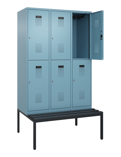 C+P Doppelstock-Spind Evolo PLUS, Bank, 6 Fächer, 2120x1200x815mm, 0010/0010, Zylinderschloss, Sitzfläche Kunststoff, Sitzbank, 0493507-32 S10135