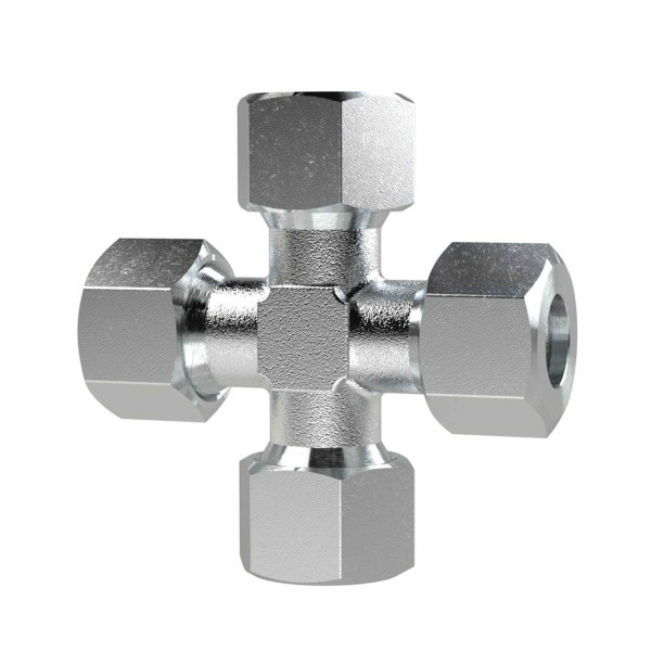 Riegler Kreuz-Verschraubung, Rohr-Außen-Ø 6 mm, PN 315, SW1 14, SW2 12, Stahl verzinkt, 159723
