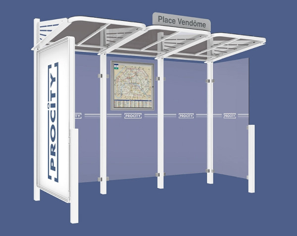 Procity Wartehalle Convi® - Standard - 1 Doppelseitiger Schaukasten "2000" Links + 1 Seitenverkleidung Rechts, Farbe RAL 9010, 529386.9010
