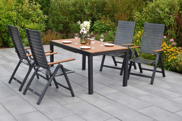 Merxx Astros Set 5-teilig, 4 Astros Klappsessel, Armlehnen Kunstoff, Holzoptik, Ausziehtisch, 150 (200) x 90 cm, Tischplatte Kunstoff, Holzoptik, 50195-217