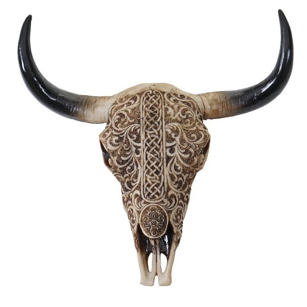 Mendler Deko Schädel 31cm HWC-C15, Polyresin Stier Bulle Longhorn Kopf Trophäe mit Tribal, In-/Outdoor, 60931
