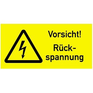 Moedel Vorsicht! Rückspannung, Kombischild, Folie, 105x52 mm, 57959
