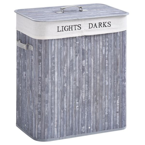 HOMCOM Wäschekorb Wäschebox Wäschesammler mit Deckel Segeltuchsack waschbarem Wäschesack mit Griffen Segeltuch + Bambus Grau100L 52 x 32 x 63 cm, 850-020GY