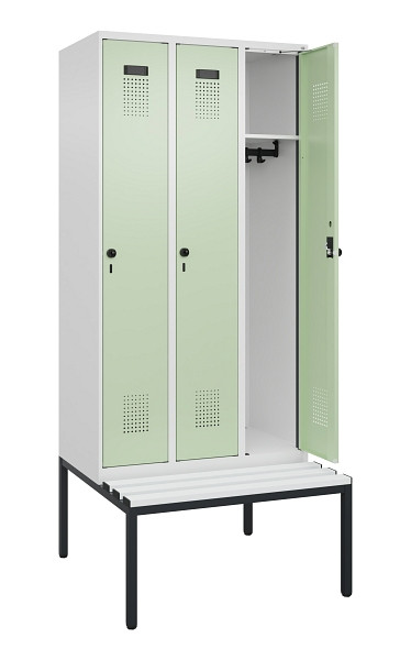 C+P Spind Evolo PLUS, 3 Abteile, 2120x900x815mm, 9016/6019, Haken 3, Drehriegel, Sitzfläche Kunststoff, Sitzbank, 0490507-30 S10073