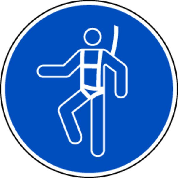 Schilder Klar Gebotszeichen Auffanggurt benutzen DIN EN ISO 7010-M018, 100 mm Folie selbstklebend, 1411/61