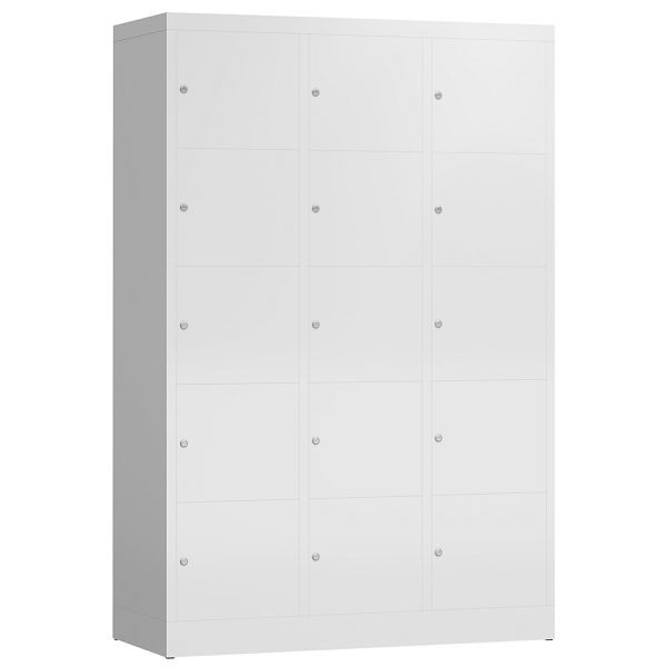 Lüllmann ClassiX Schließfachschrank, 3 Abteile à 5 Fächer, 1800 x 1185 x 500 mm, signalweiß, X-523537
