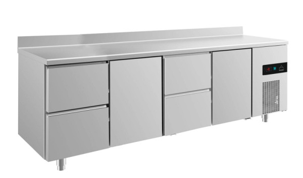 A&S Polarny Kühltisch -2 bis +8°C mit 2x Türen und 2x zwei Schubladen mittig-rechts+links, 2330 x 700 x 850 mm, mit Aufkantung, KT4ZTZTA