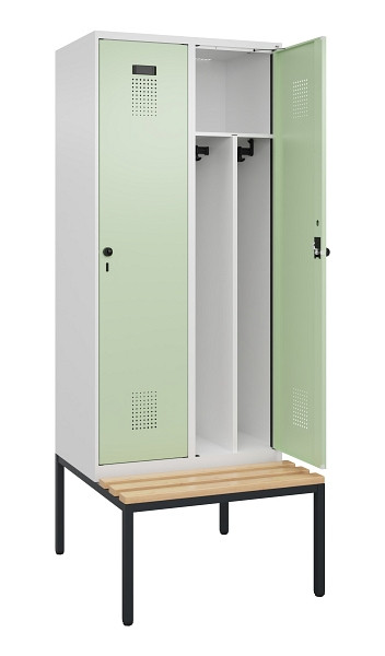 C+P Spind Evolo PLUS, 2 Abteile, 2120x800x815mm, 9016/6019, Haken 4, Drehriegel, Sitzfläche Buche-Hartholz, Sitzbank, Trennwand, 0490507-22F S10019