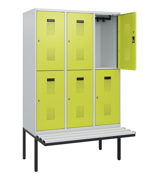 C+P Doppelstock-Spind Evolo PLUS, Bank, 6 Fächer, 1950x1200x815mm, 7035/0024, Zylinderschloss, Sitzfläche Kunststoff, 0493405-32 S10150