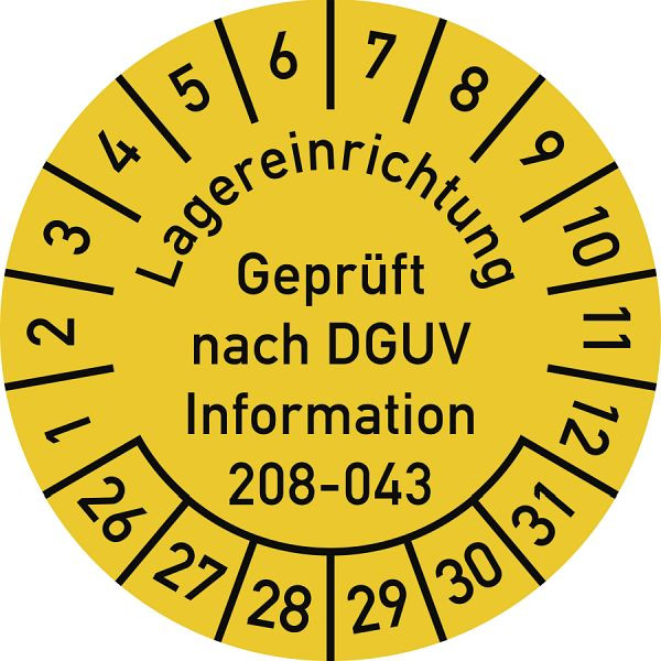 Moedel Prüfplakette Lagereinrichtung DGUV-208-043...2026-2031, Folie, Ø 30mm, VE: 10 Stück/Bogen, 108023