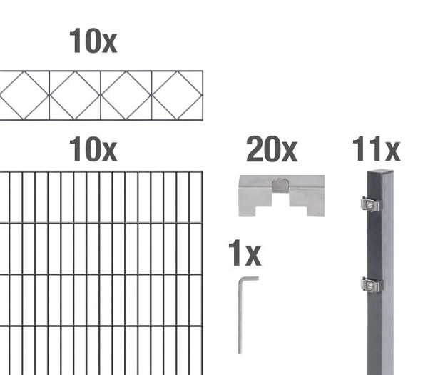 Alberts Doppelstab-Gittermattenset 2 m mit Dekorelement Design Bergen, Stahl, verzinkt anthrazit RAL 7016, Zaunmaße: 20 m x 1600 mm, 668792